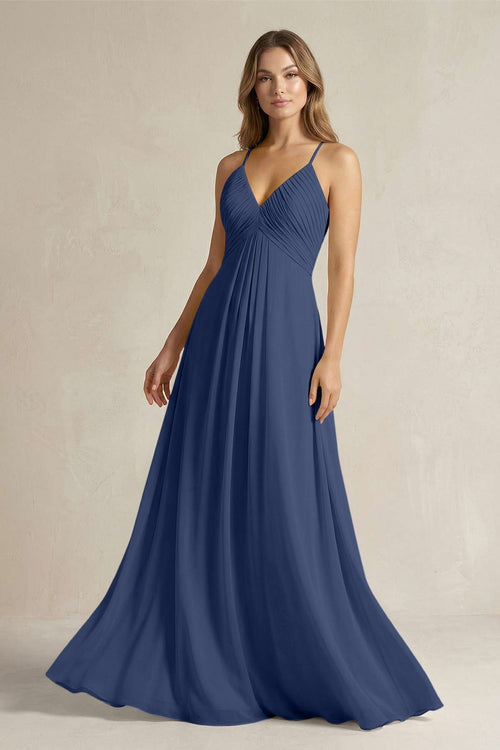 Cami Strap A - Line Chiffon Pleated Bridesmaid Dress in Navy - KISS BRIDAL Bridesmaid Dresses