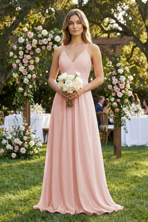 Cami Strap A-Line Chiffon Pleated Bridesmaid Dress in Rose Petal (4) | KISSBRIDAL
