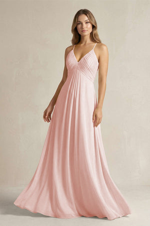 Cami Strap A-Line Chiffon Pleated Bridesmaid Dress in Rose Petal | KISSBRIDAL