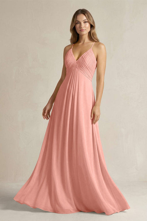 Cami Strap A-Line Chiffon Pleated Bridesmaid Dress in Rosette | KISSBRIDAL