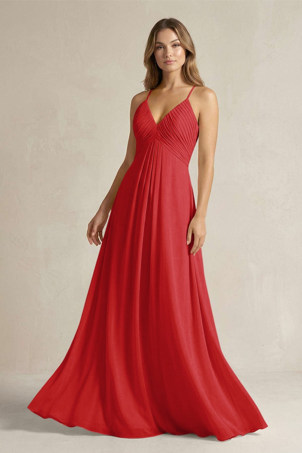 Cami Strap A-Line Chiffon Pleated Bridesmaid Dress in Ruby Red