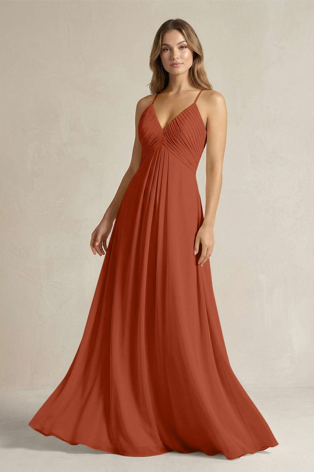 Cami Strap A-Line Chiffon Pleated Bridesmaid Dress in Spice