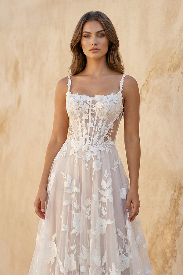 Cami Strap A - Line Corset Lace Wedding Dress in Ivory and Blush - KISS BRIDAL Wedding Dresses