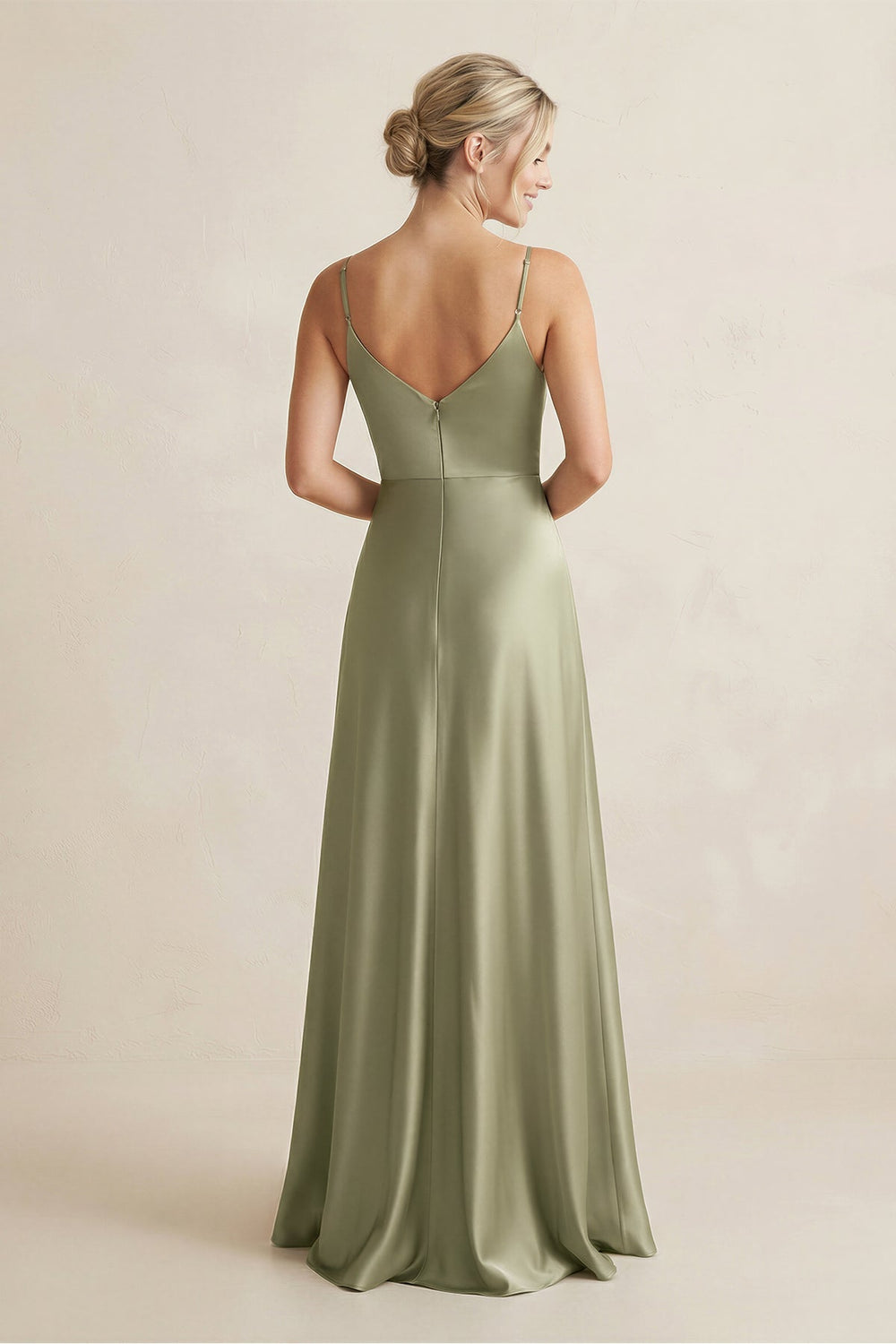 Cami Strap A-Line Shiny Satin Bridesmaid Dress in Thyme