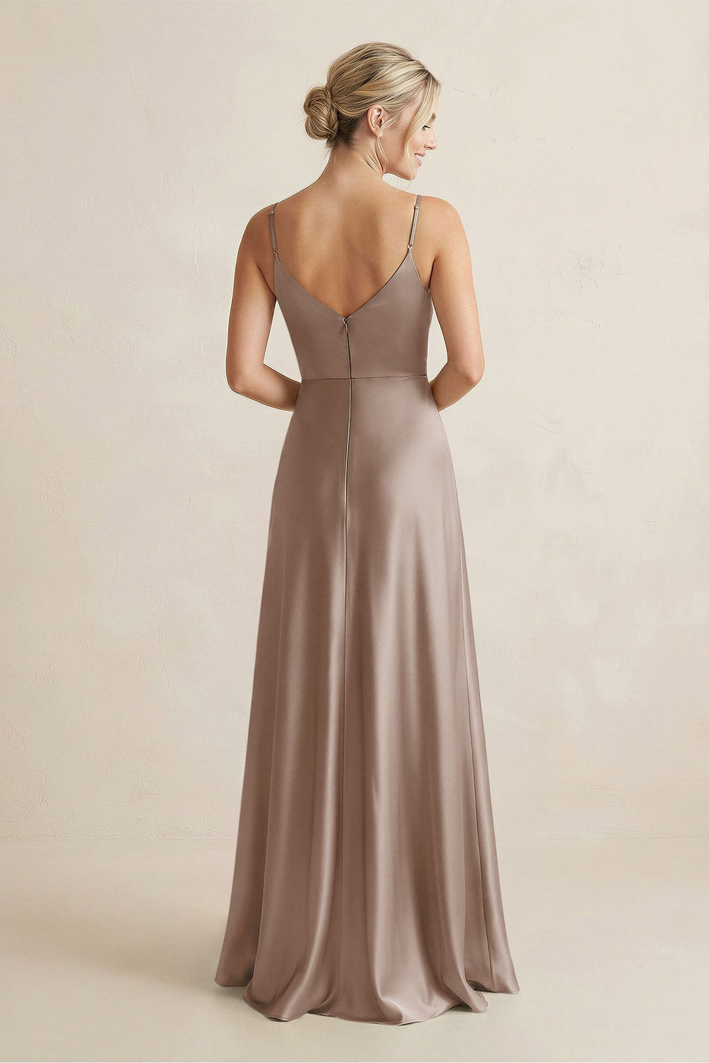 Cami Strap A-Line Shiny Satin Bridesmaid Dress in Almond