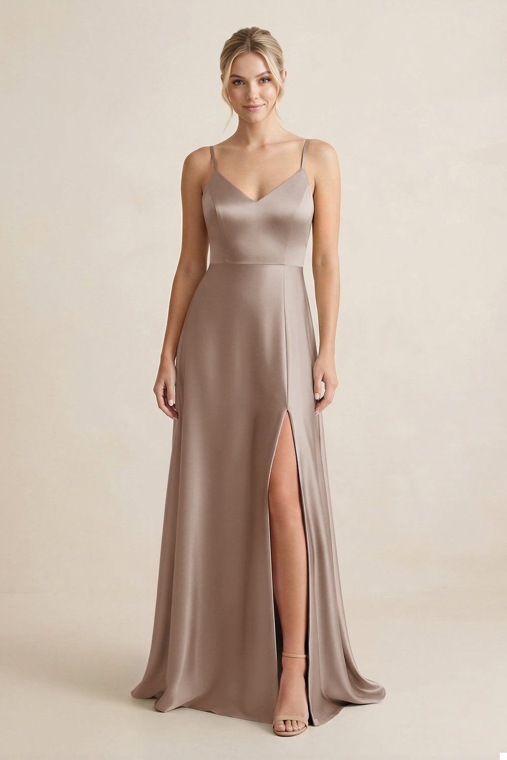 Cami Strap A-Line Shiny Satin Bridesmaid Dress in Almond