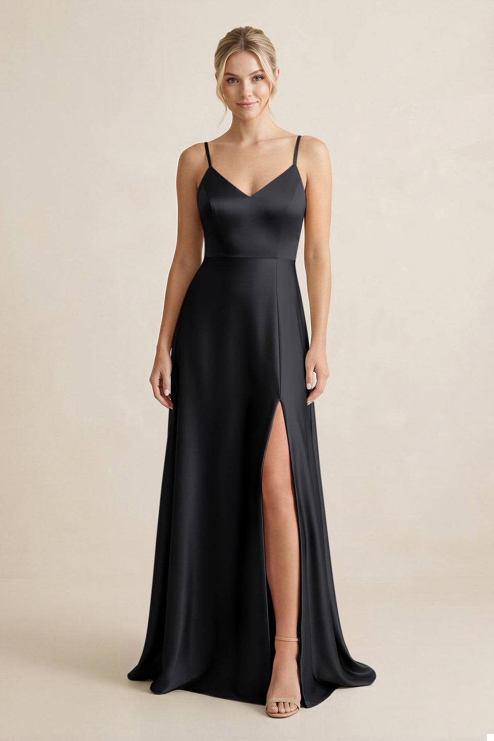 Cami Strap A-Line Shiny Satin Bridesmaid Dress in Black