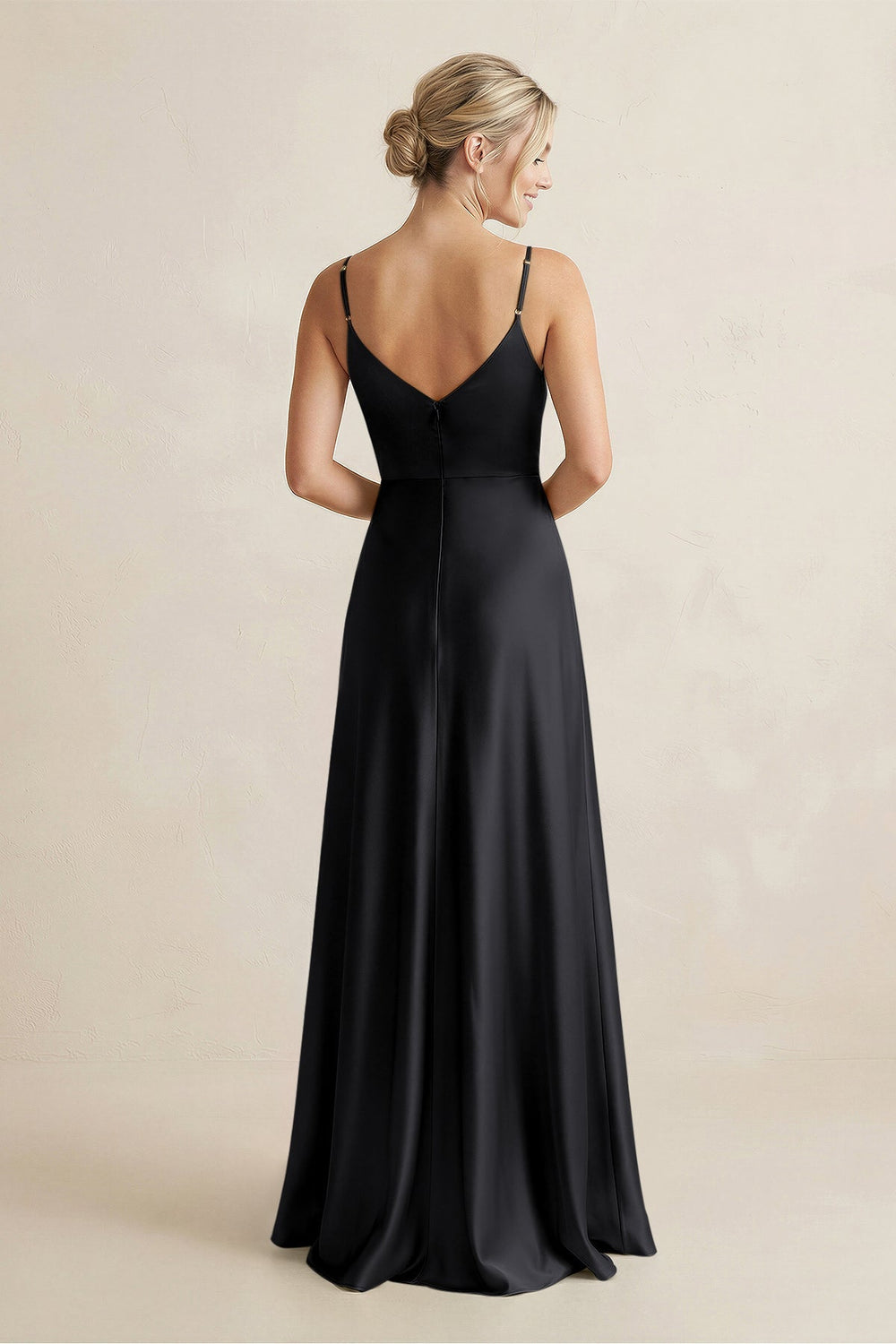 Cami Strap A-Line Shiny Satin Bridesmaid Dress in Black