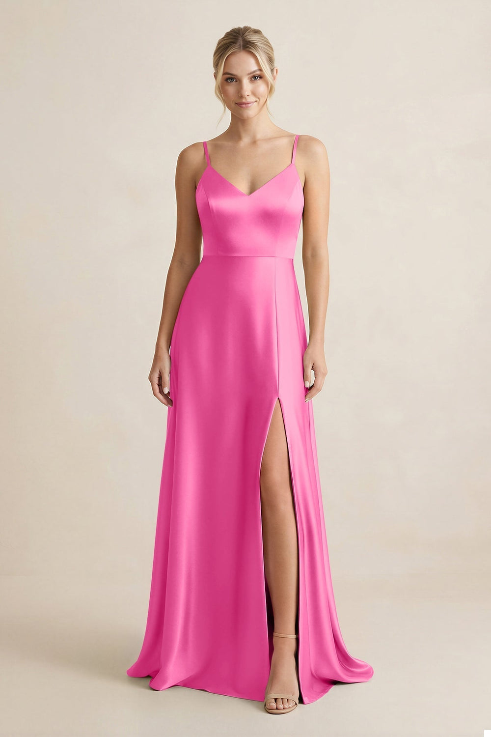 Cami Strap A-Line Shiny Satin Bridesmaid Dress in Bon Bon pink