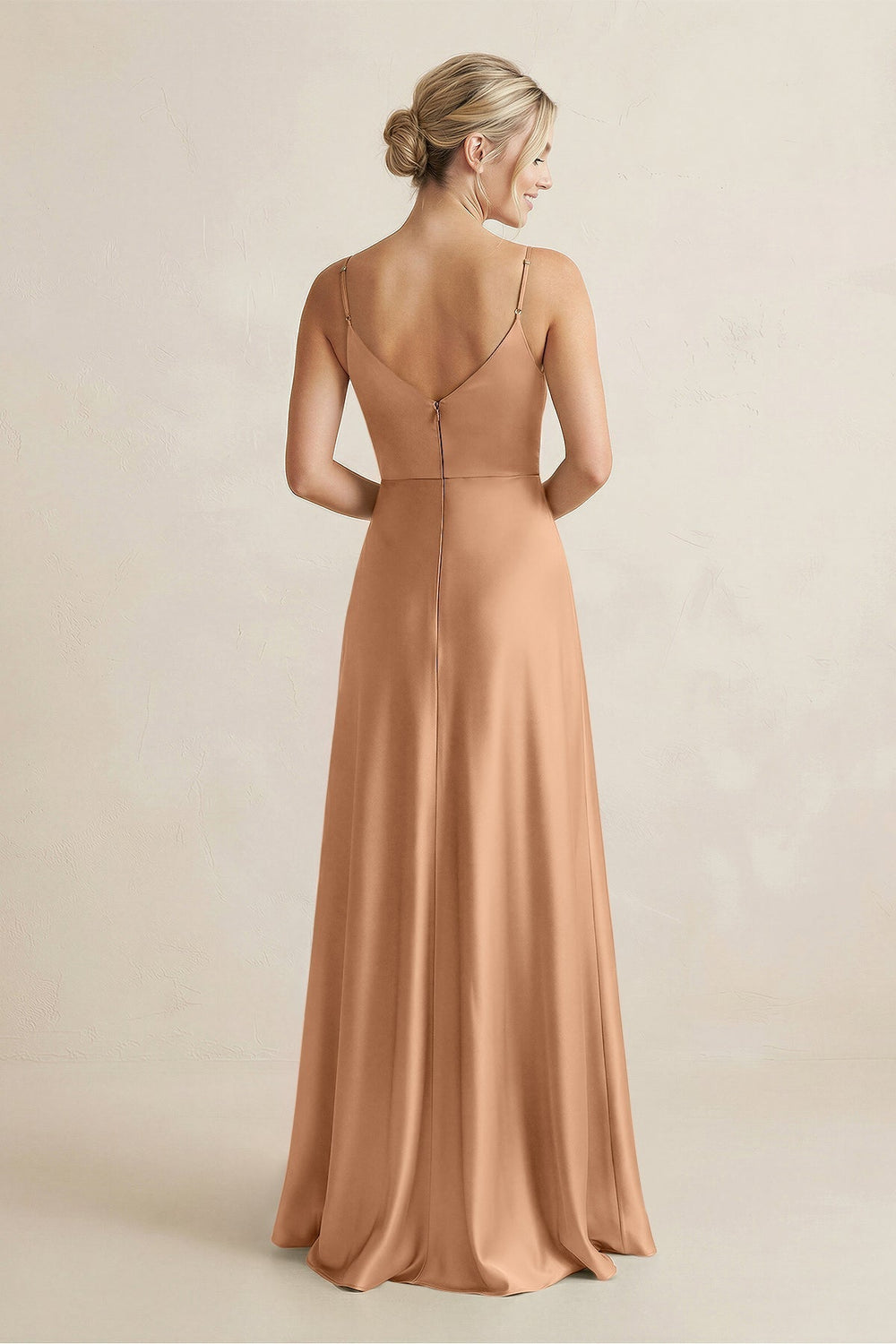 Cami Strap A-Line Shiny Satin Bridesmaid Dress in Bronzer