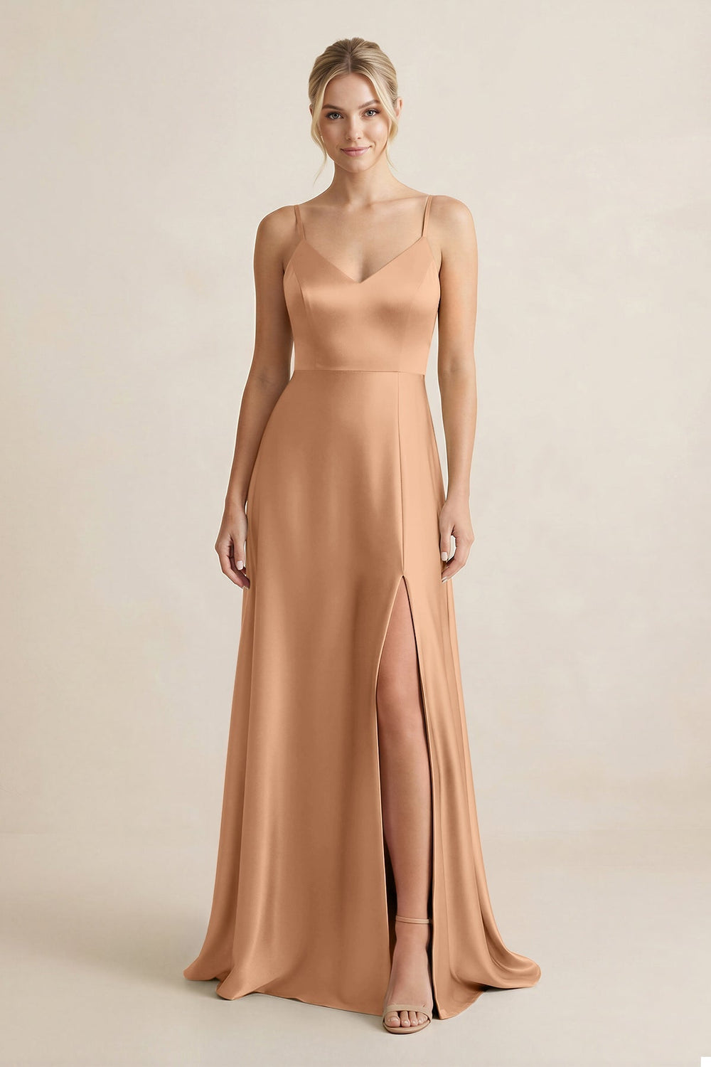 Cami Strap A-Line Shiny Satin Bridesmaid Dress in Bronzer