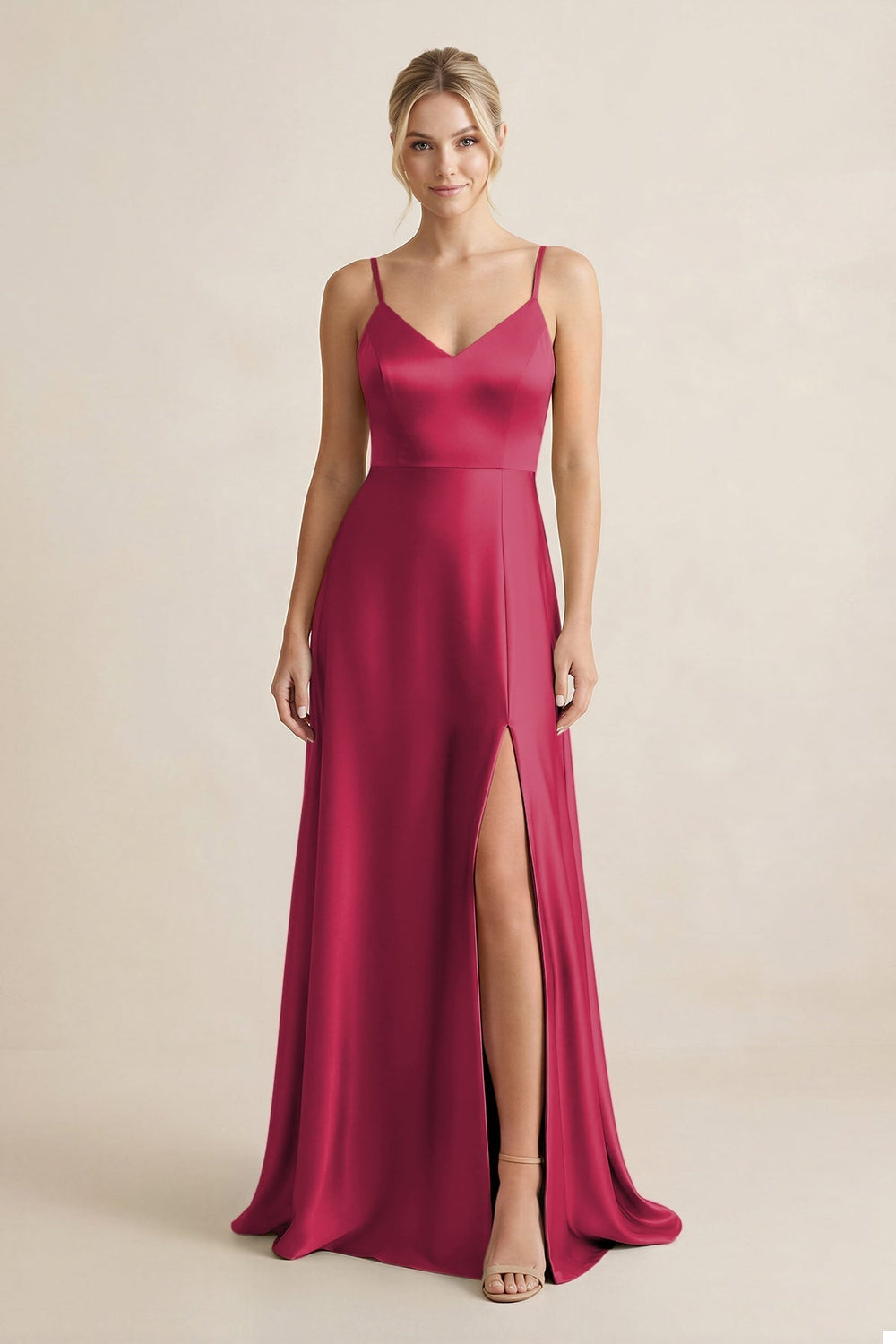 Cami Strap A-Line Shiny Satin Bridesmaid Dress in Burgundy