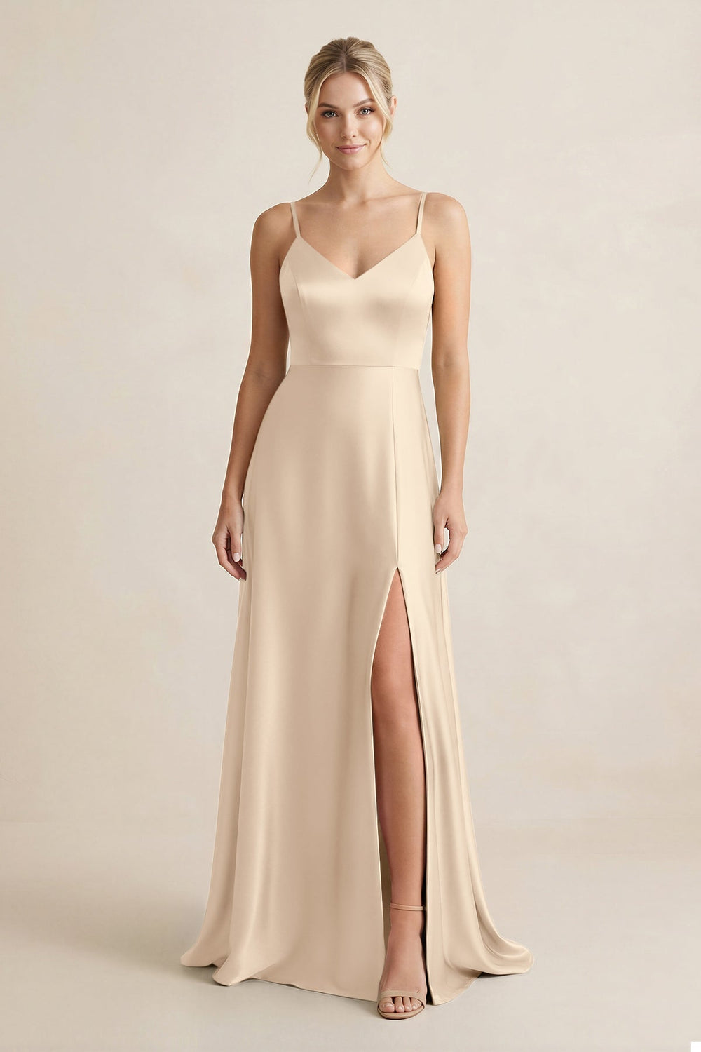 Cami Strap A-Line Shiny Satin Bridesmaid Dress in Champagne