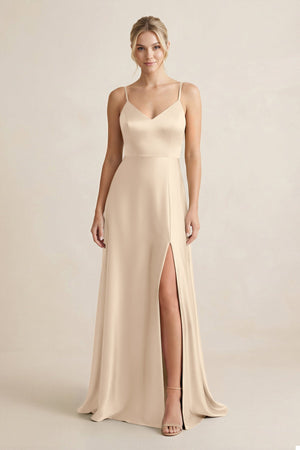 Cami Strap A - Line Shiny Satin Bridesmaid Dress in Champagne - KISS BRIDAL Bridesmaid Dresses
