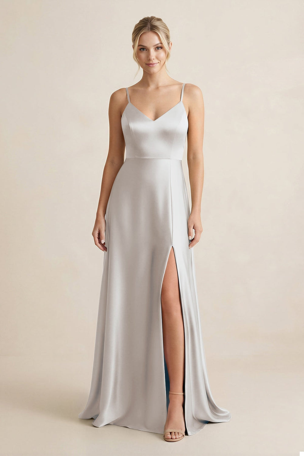 Cami Strap A-Line Shiny Satin Bridesmaid Dress in Frost