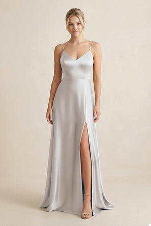 Cami Strap A - Line Shiny Satin Bridesmaid Dress in Frost - KISS BRIDAL Bridesmaid Dresses