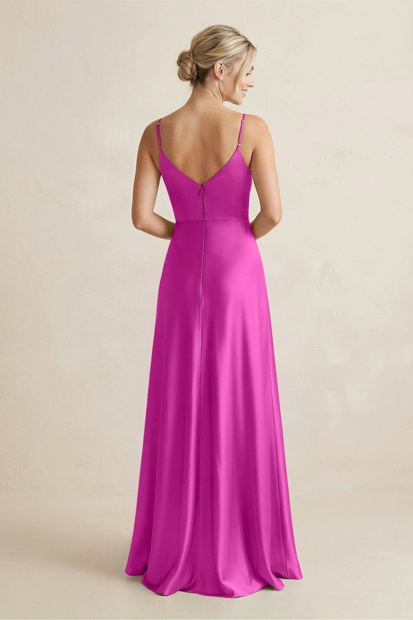 Cami Strap A - Line Shiny Satin Bridesmaid Dress in Fuchsia - KISS BRIDAL Bridesmaid Dresses
