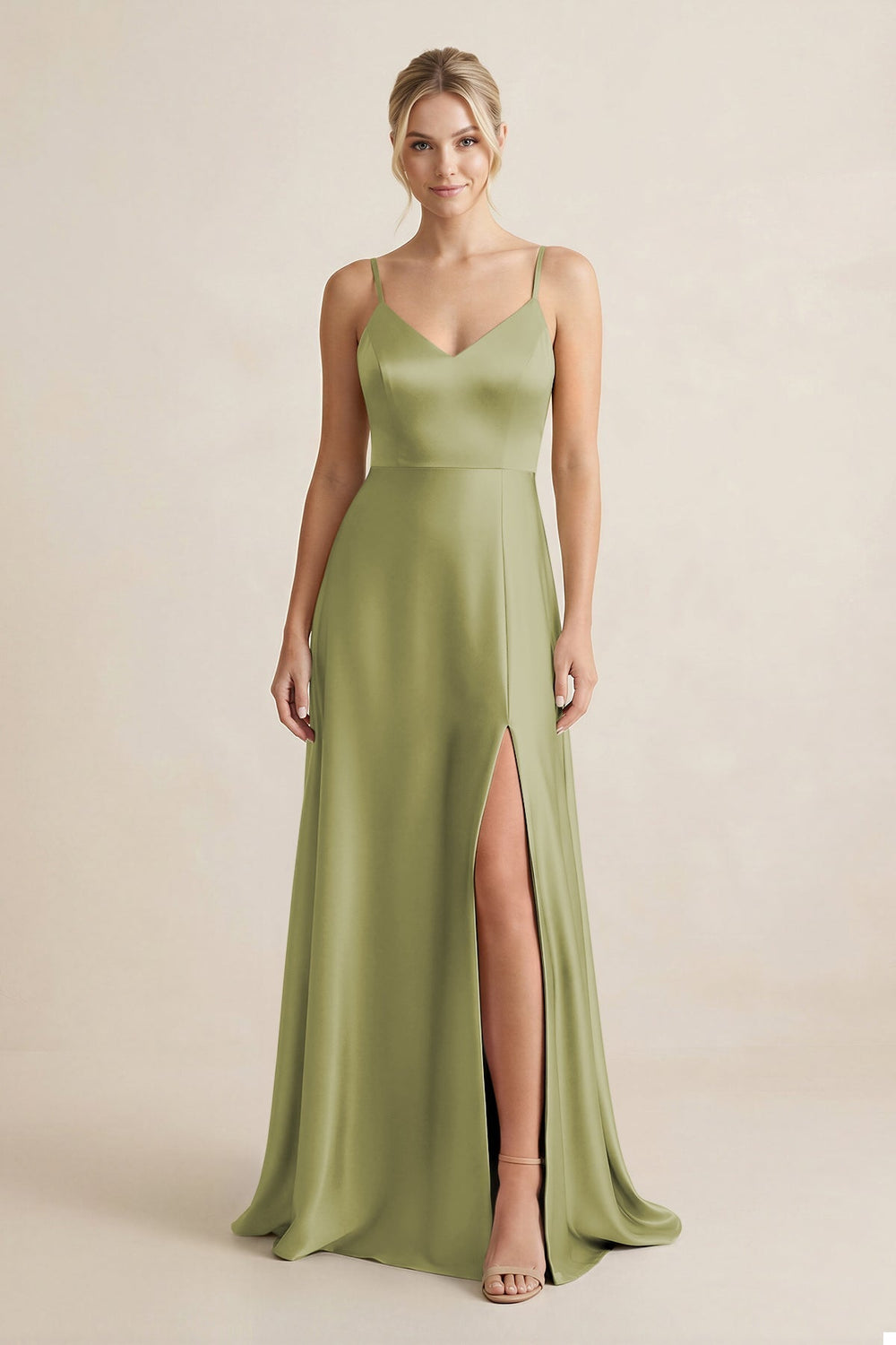 Cami Strap A-Line Shiny Satin Bridesmaid Dress in Moss Green
