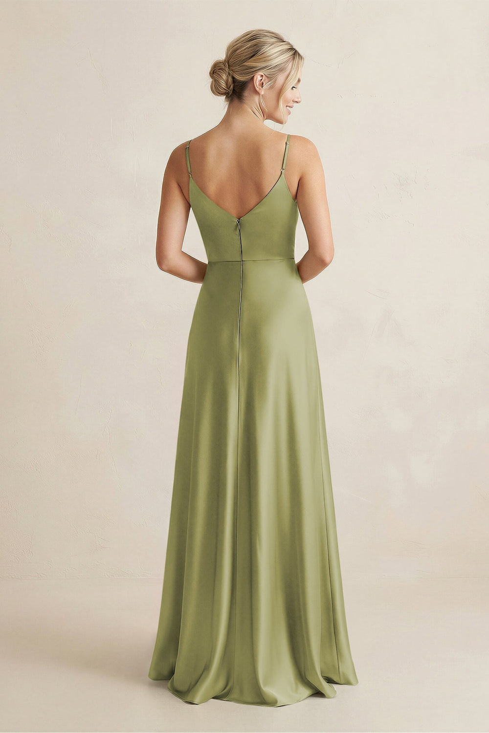Cami Strap A-Line Shiny Satin Bridesmaid Dress in Moss Green