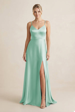 Cami Strap A - Line Shiny Satin Bridesmaid Dress in Pale Pistachio - KISS BRIDAL Bridesmaid Dresses