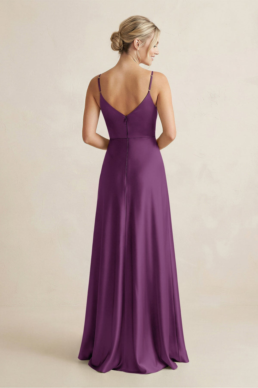 Cami Strap A-Line Shiny Satin Bridesmaid Dress in Plum