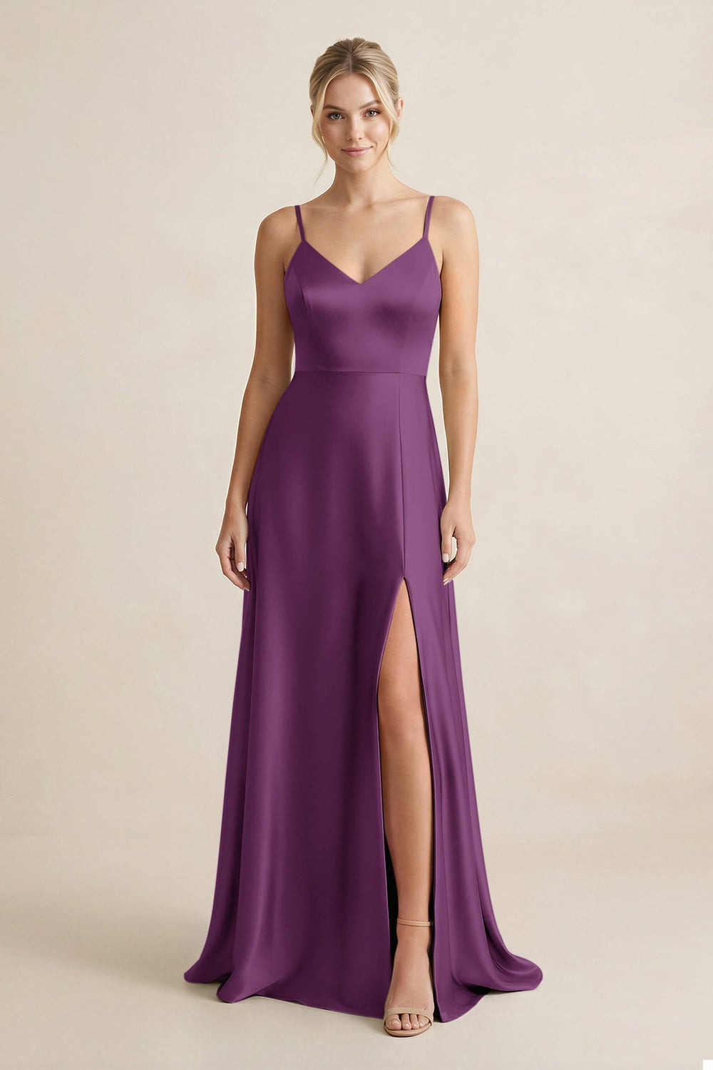 Cami Strap A-Line Shiny Satin Bridesmaid Dress in Plum