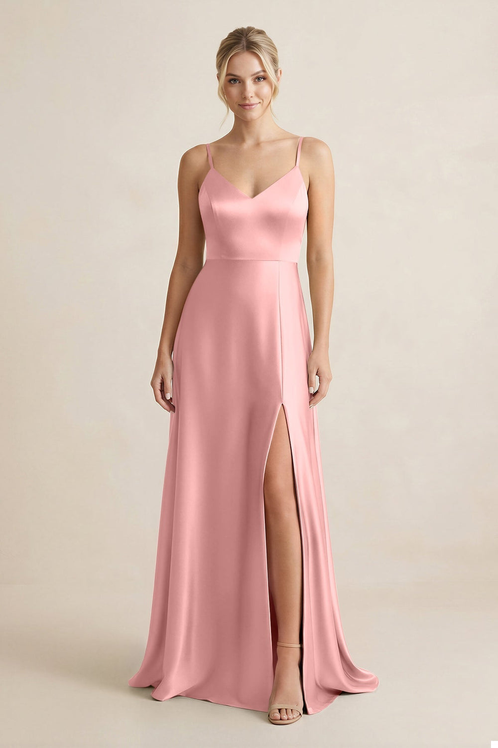 Cami Strap A-Line Shiny Satin Bridesmaid Dress in Rosette