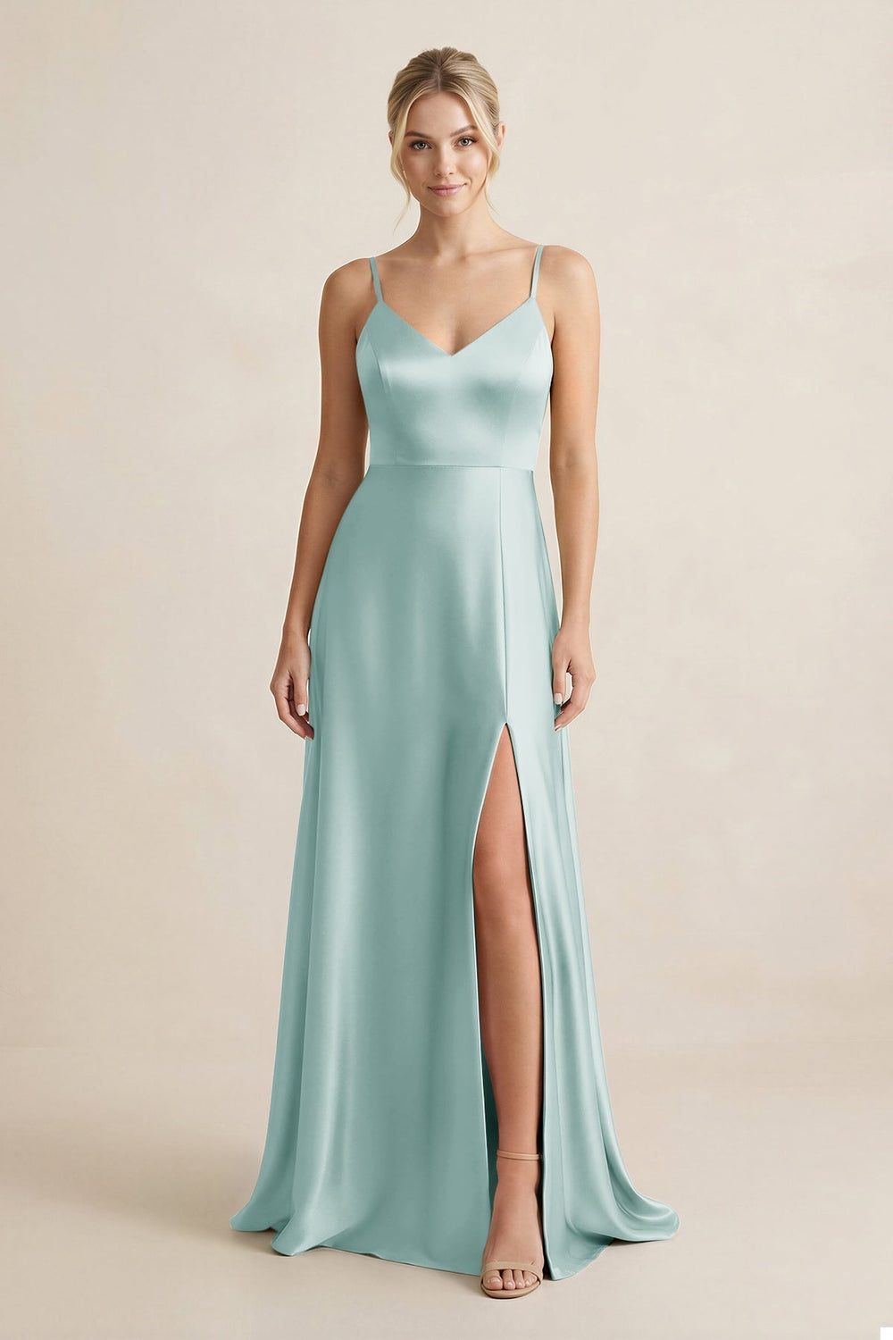 Cami Strap A-Line Shiny Satin Bridesmaid Dress in Sage