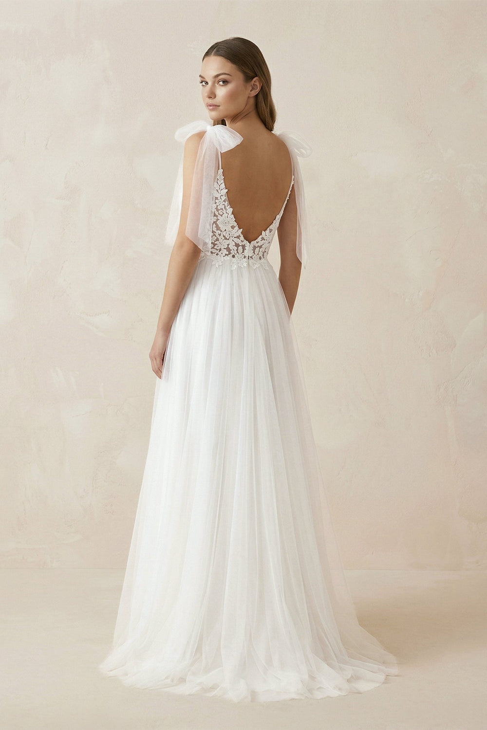 Cami Strap Appliqued Tulle A-Line Wedding Dress With Slit in White