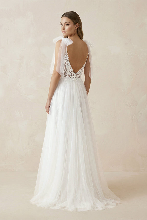 Cami Strap Appliqued Tulle A - Line Wedding Dress With Slit in White - KISS BRIDAL Wedding Dresses