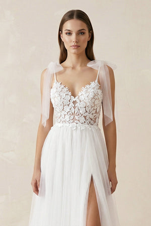 Cami Strap Appliqued Tulle A - Line Wedding Dress With Slit in White - KISS BRIDAL Wedding Dresses