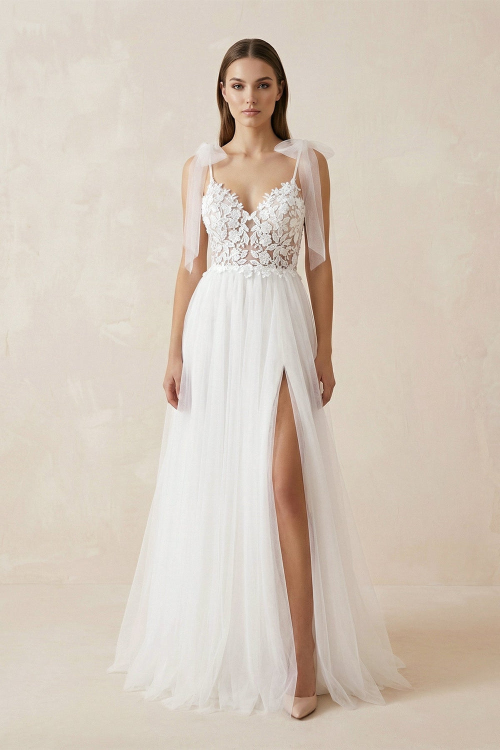 Cami Strap Appliqued Tulle A-Line Wedding Dress With Slit in White