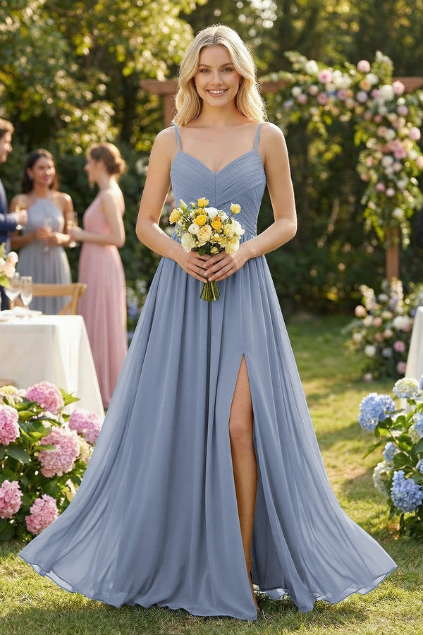 Cami Strap Chiffon A - Line Bridesmaid Dress with Slit - KISS BRIDAL Bridesmaid Dresses