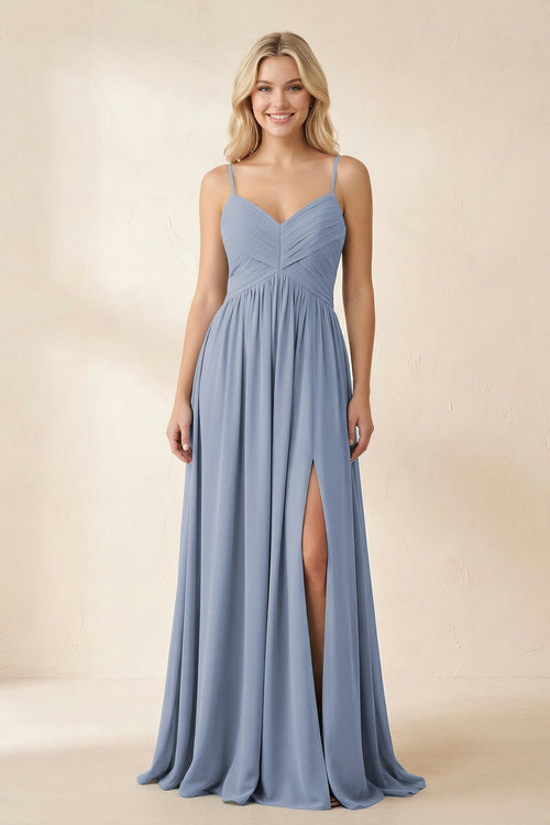 Cami Strap Chiffon A - Line Bridesmaid Dress with Slit - KISS BRIDAL Bridesmaid Dresses