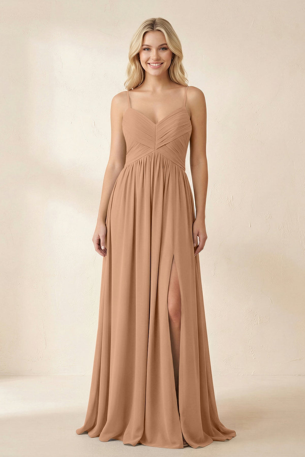 Cami Strap Chiffon A-Line Bridesmaid Dress with Slit in Bronzer