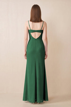 Cami Strap Chiffon Sheath Bridesmaid Dress with Slit in Dark Green (2) | KISSBRIDAL