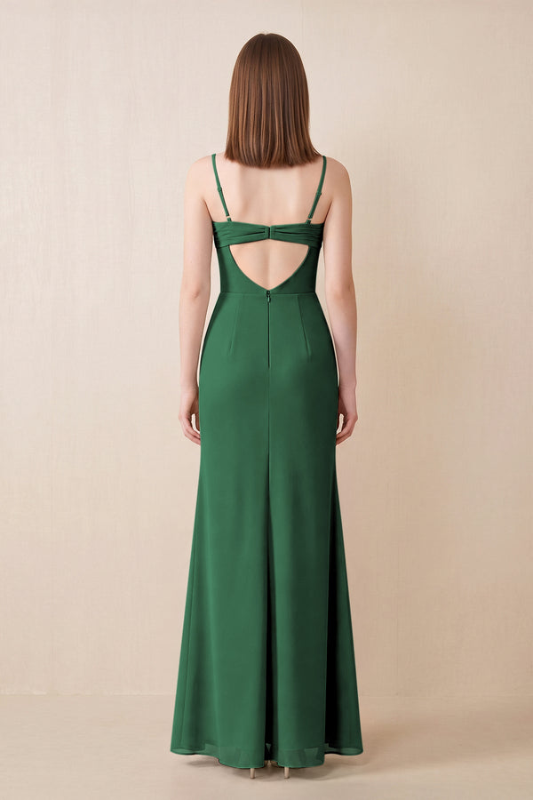 Cami Strap Chiffon Sheath Bridesmaid Dress with Slit in Dark Green (2) | KISSBRIDAL