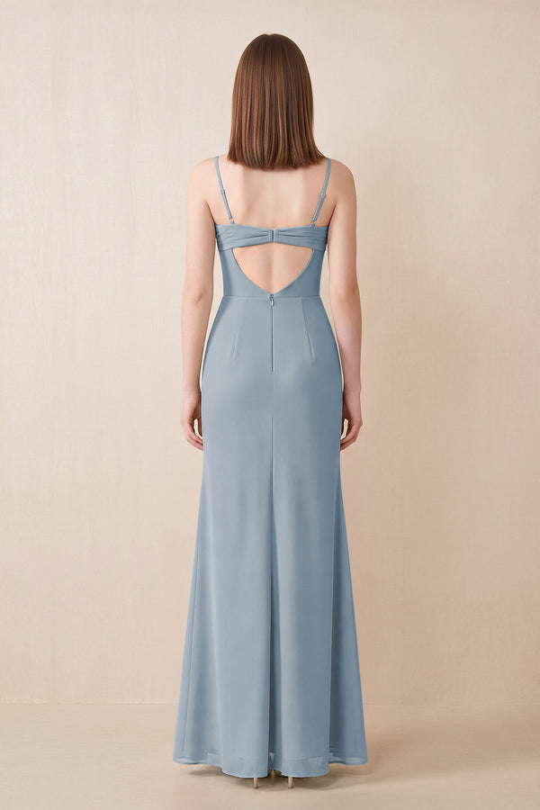 Cami Strap Chiffon Sheath Bridesmaid Dress with Slit in Dusty Blue (2) | KISSBRIDAL
