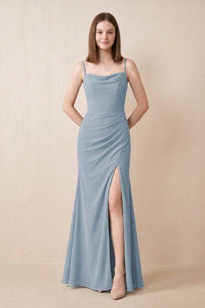 Cami Strap Chiffon Sheath Bridesmaid Dress with Slit in Dusty Blue | KISSBRIDAL