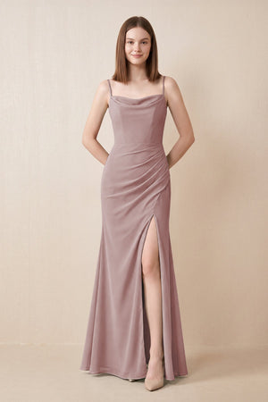 Cami Strap Chiffon Sheath Bridesmaid Dress with Slit in Dusty Rose | KISSBRIDAL