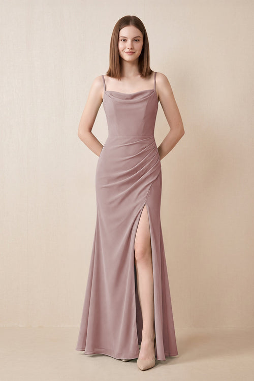 Cami Strap Chiffon Sheath Bridesmaid Dress with Slit in Dusty Rose | KISSBRIDAL