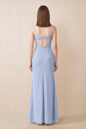 Cami Strap Chiffon Sheath Bridesmaid Dress with Slit in Ice (2) | KISSBRIDAL
