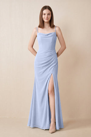 Cami Strap Chiffon Sheath Bridesmaid Dress with Slit in Ice | KISSBRIDAL