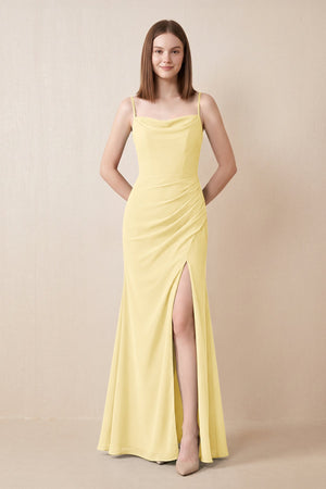 Cami Strap Chiffon Sheath Bridesmaid Dress with Slit in Pastel Yellow | KISSBRIDAL