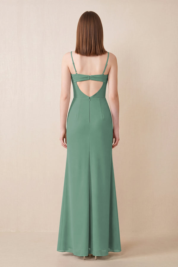 Cami Strap Chiffon Sheath Bridesmaid Dress with Slit in Sea Glass (2) | KISSBRIDAL