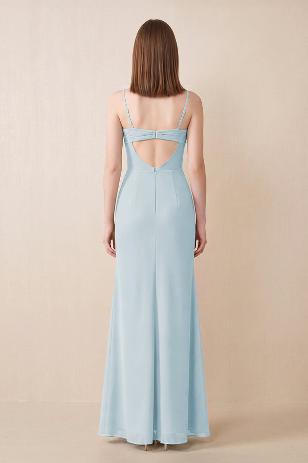 Cami Strap Chiffon Sheath Bridesmaid Dress with Slit in Sky Blue (2) | KISSBRIDAL