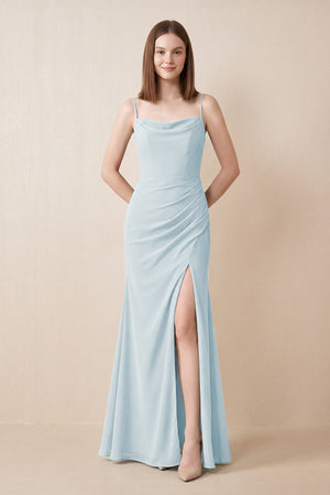 Cami Strap Chiffon Sheath Bridesmaid Dress with Slit in Sky Blue | KISSBRIDAL