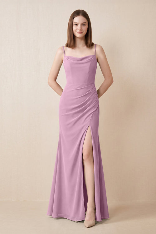 Cami Strap Chiffon Sheath Bridesmaid Dress with Slit in Wisteria | KISSBRIDAL