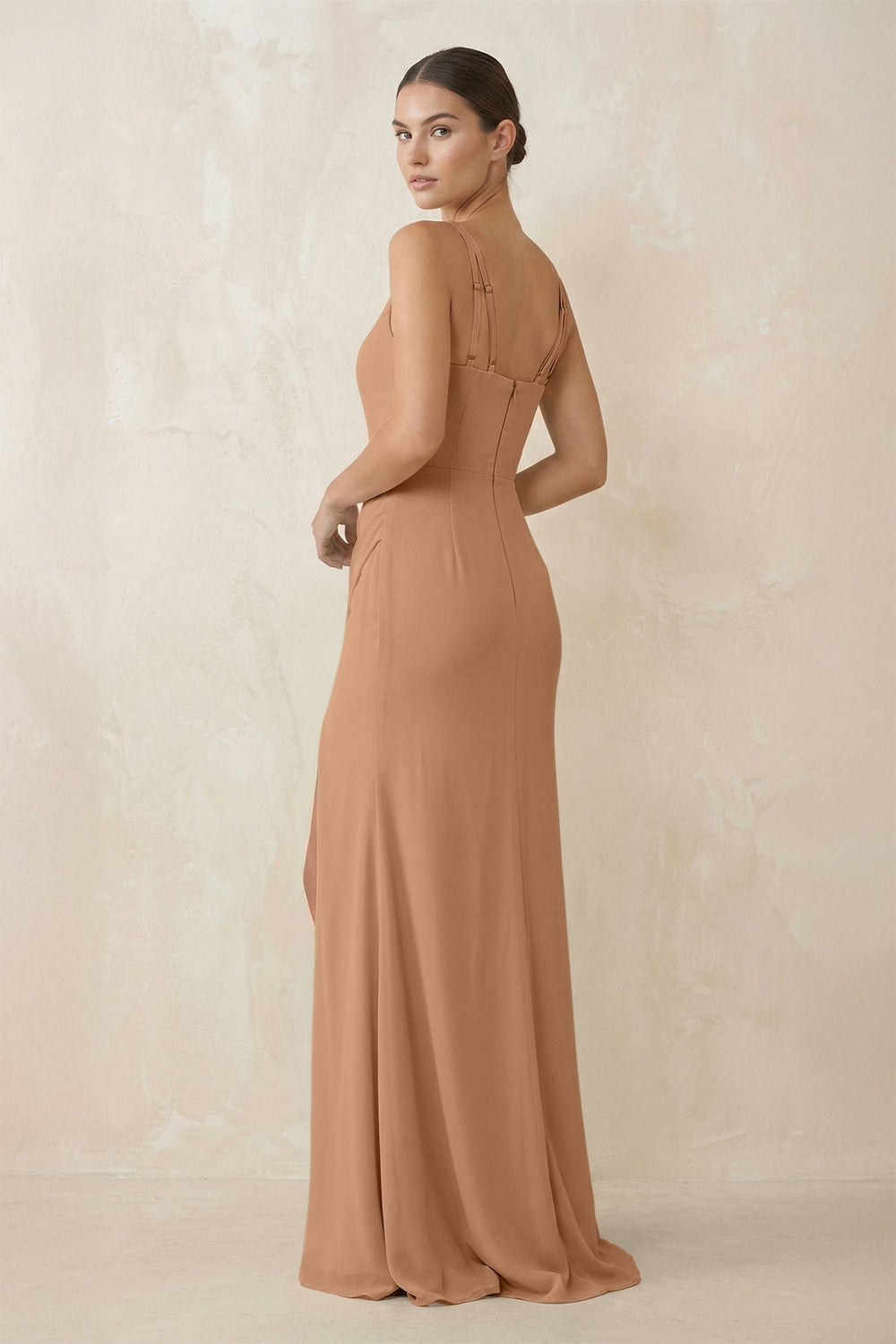 Cami Strap Chiffon Sheath Bridesmaid Gown in Bronzer