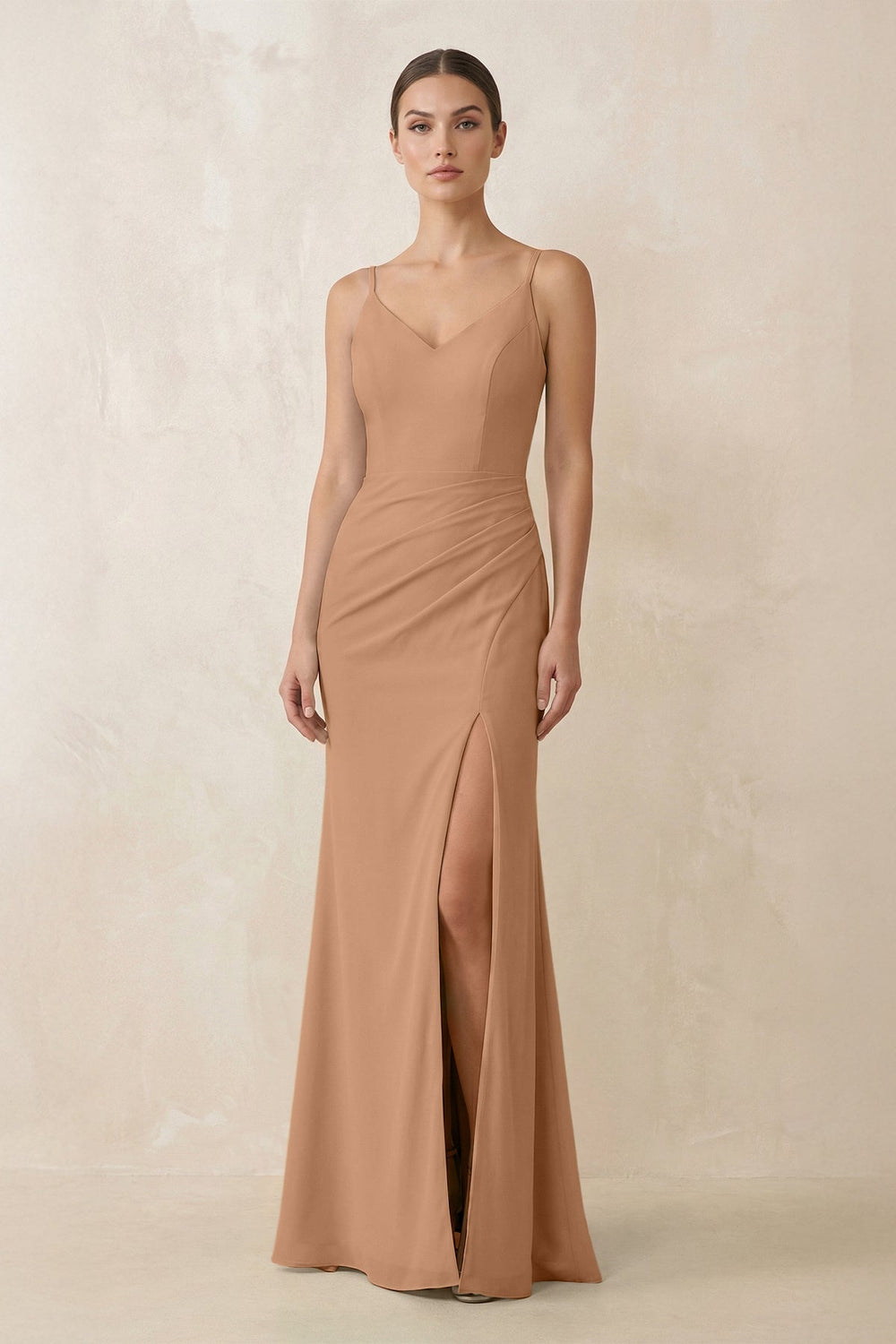 Cami Strap Chiffon Sheath Bridesmaid Gown in Bronzer
